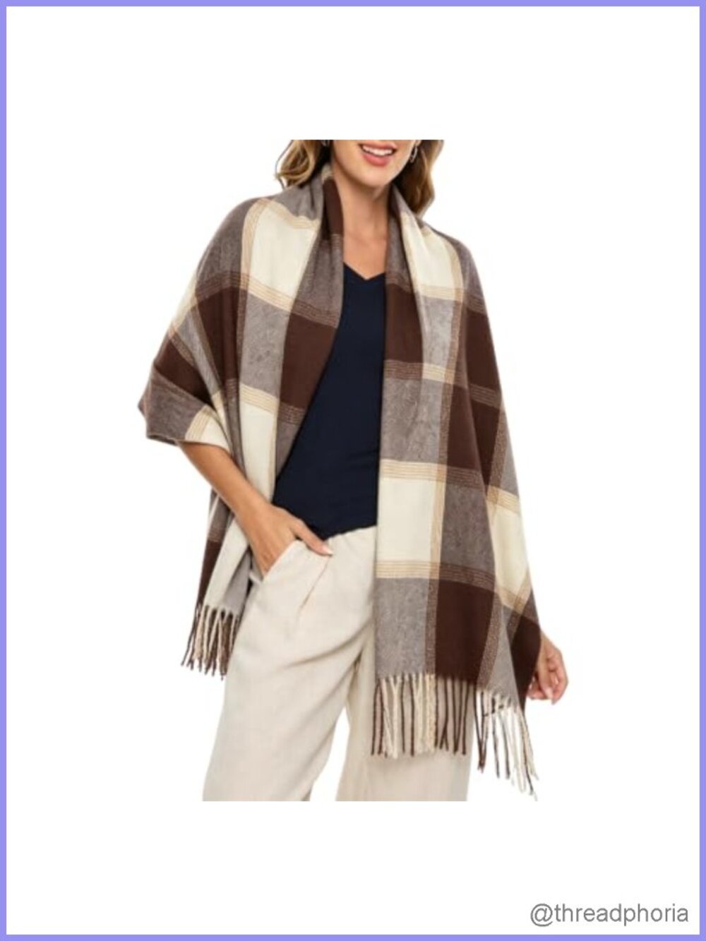 Women's Chunky Plaid Blanket Scarf Shawl Wrap with Fringe, Polyester